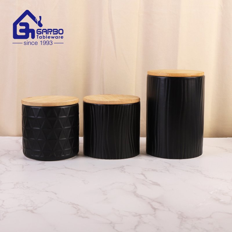 Wholesale elegant white black embossed ceramic food storage jar