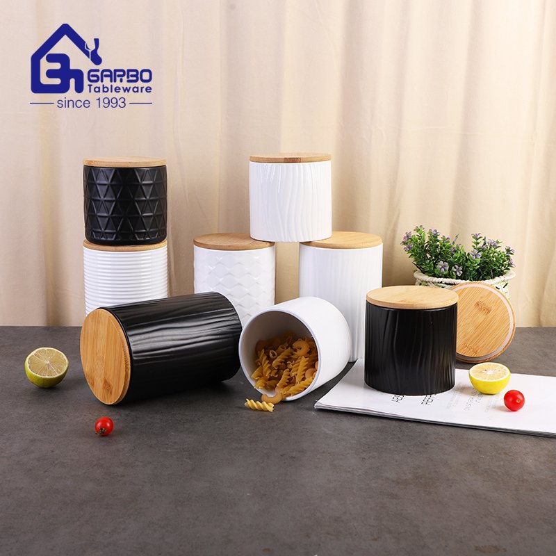 Wholesale elegant white black embossed ceramic food storage jar