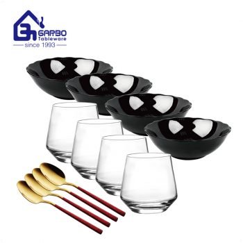 black opal bowl and water glass cup with 4 spoons, server for 4 persons