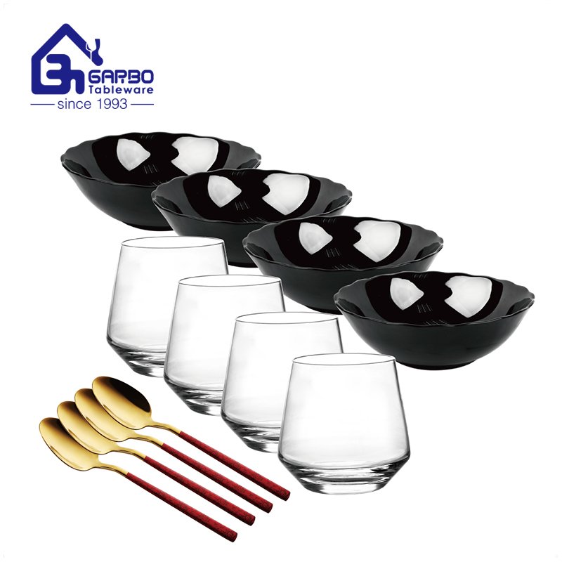 Luxury spinning black opal glass bowl and tumbler spoon dinner set 12pcs