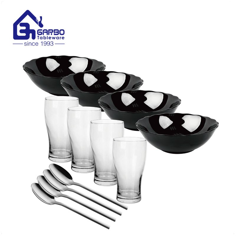 Fancy opal tableware fruit design 12pcs balck dinner bowl with glass tumbler spoon set