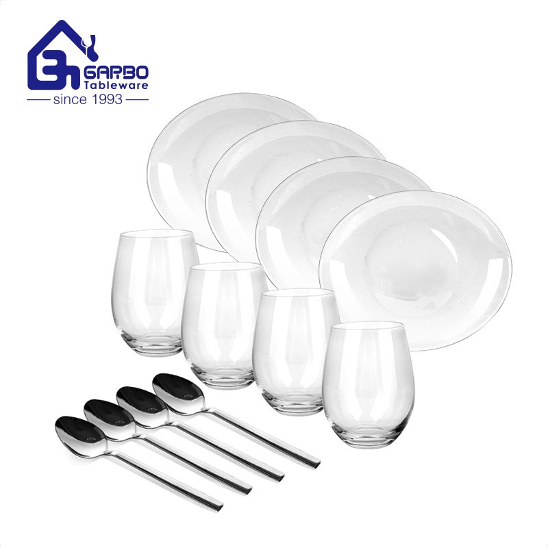 Garbo conjunto de jantar forma oval simples 12 peças de vidro opala branco combinado com conjunto de colher