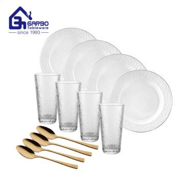 Popüler minimalizm 12 adet çekiç tasarım yemek takımı su bardağı ve kaşık ile opal cam