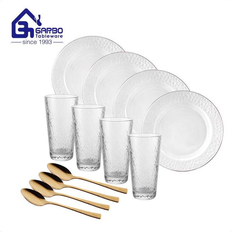 Conjunto de jantar de design de martelo minimalismo popular 12 peças vidro opala com copo de água e colher