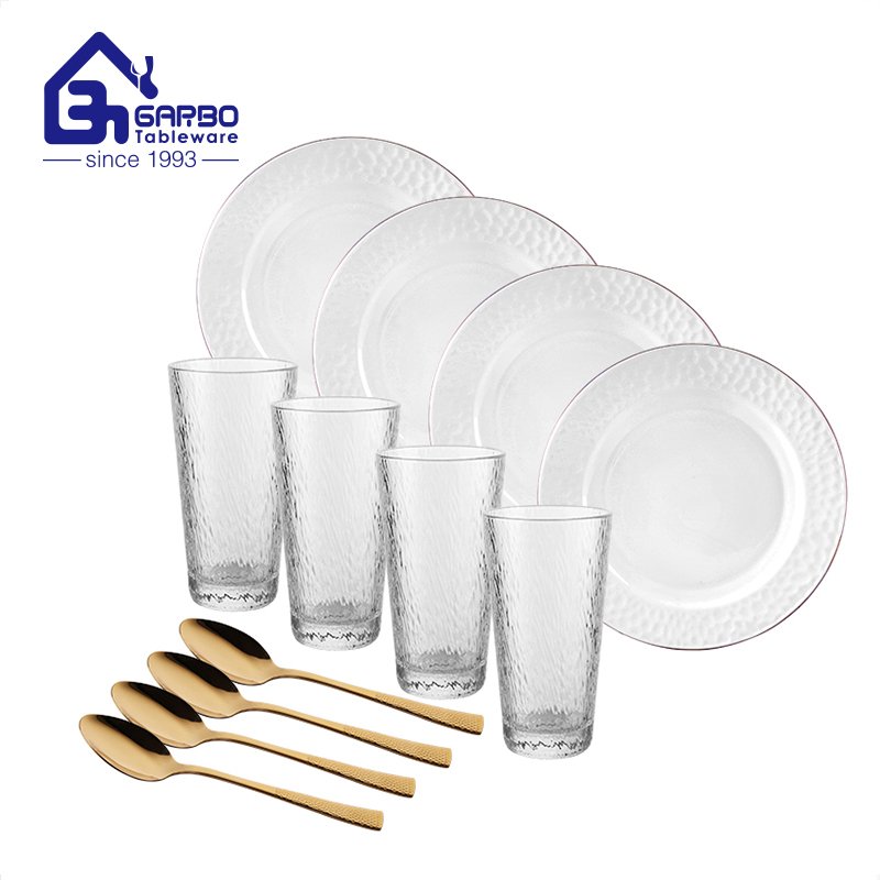 Conjunto de jantar com design de folha branca resistente ao calor com taça com aro dourado