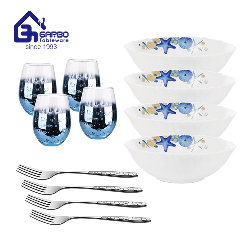 Garbo new dinner set 12pcs opal glass bowl and water tumbler fork