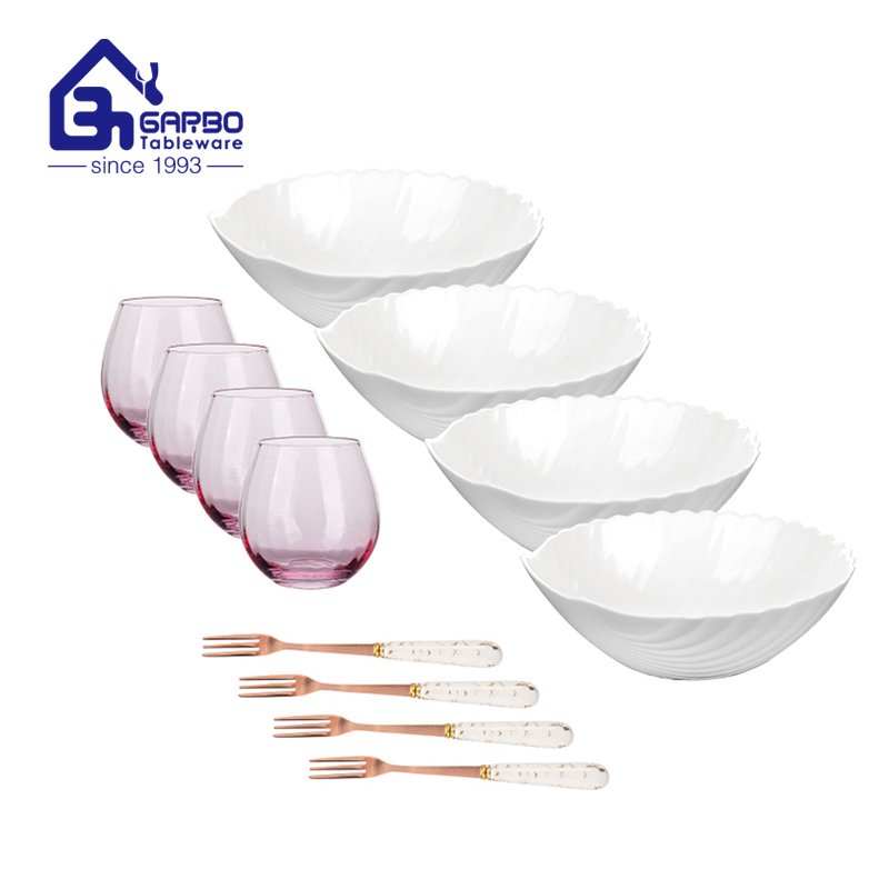 Golden honeycomb pattern 12pcs glasses dinner set with bowl cup and fork