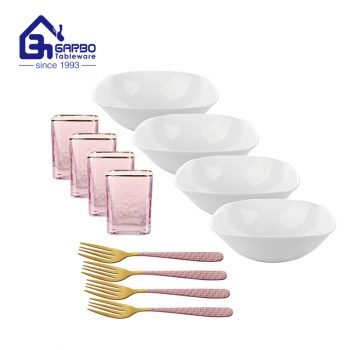 Promoção conjunto de jantar rosa 12 peças conjunto de jantar de vidro em formato quadrado com garfo