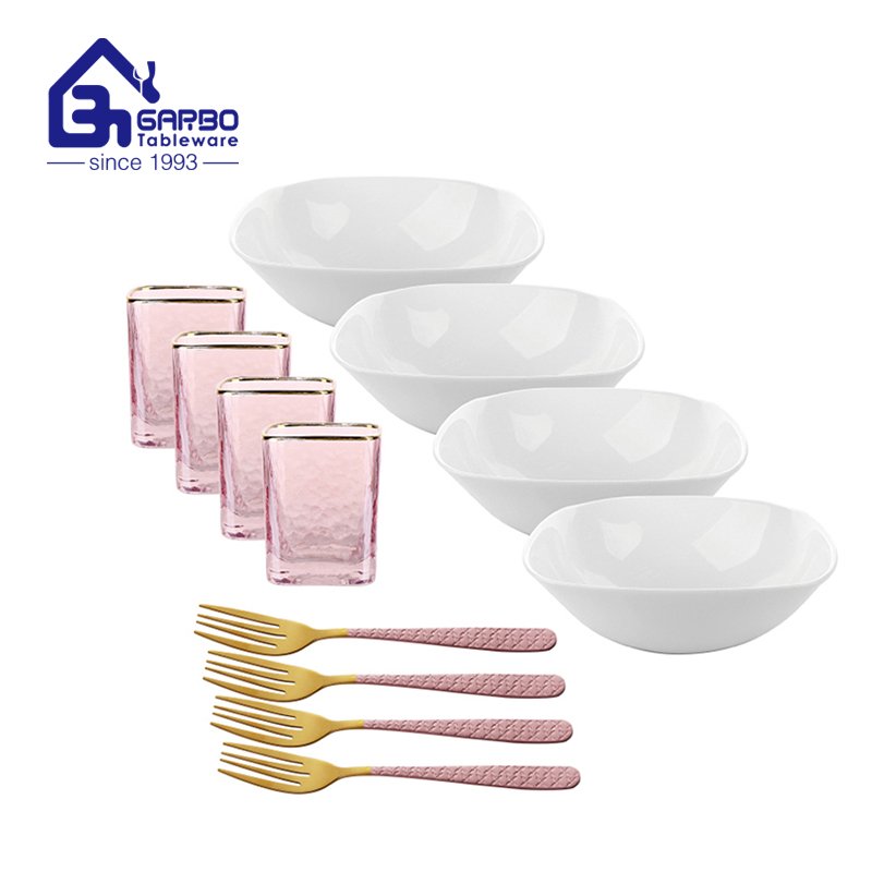 Promoção conjunto de jantar rosa 12 peças conjunto de jantar de vidro em formato quadrado com garfo