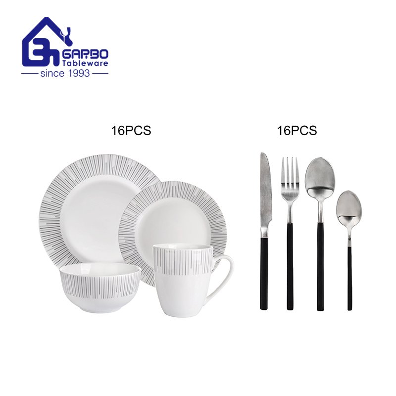 Daily use 32pcs dinner set  ceramic set plate bowl mugs with stainless steel flatware set spoons forks knives