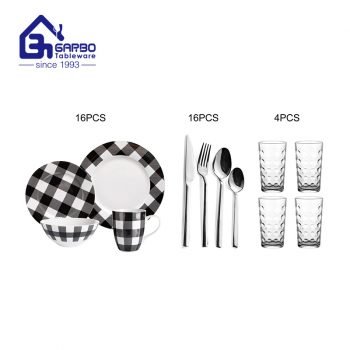 Conjunto de utensílios de cozinha de cerâmica clássica com impressão de decalque redondo completo, talheres de aço inoxidável e copos de vidro