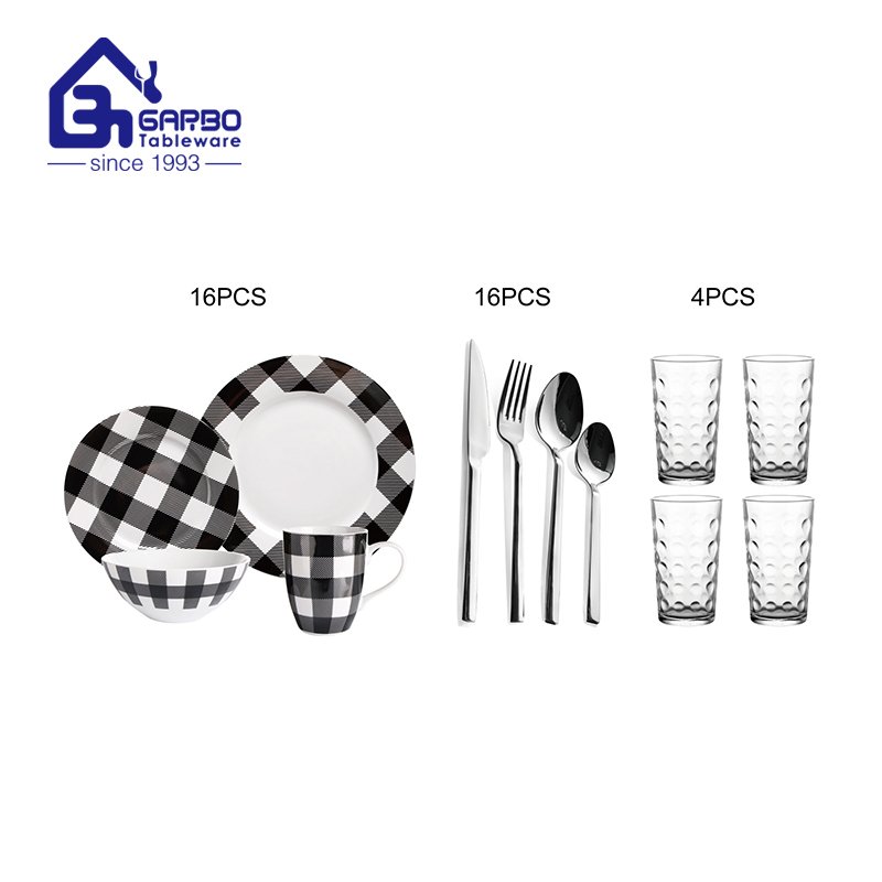 Классический набор керамической посуды с круглым принтом, столовые приборы из нержавеющей стали и стеклянные стаканы для питья