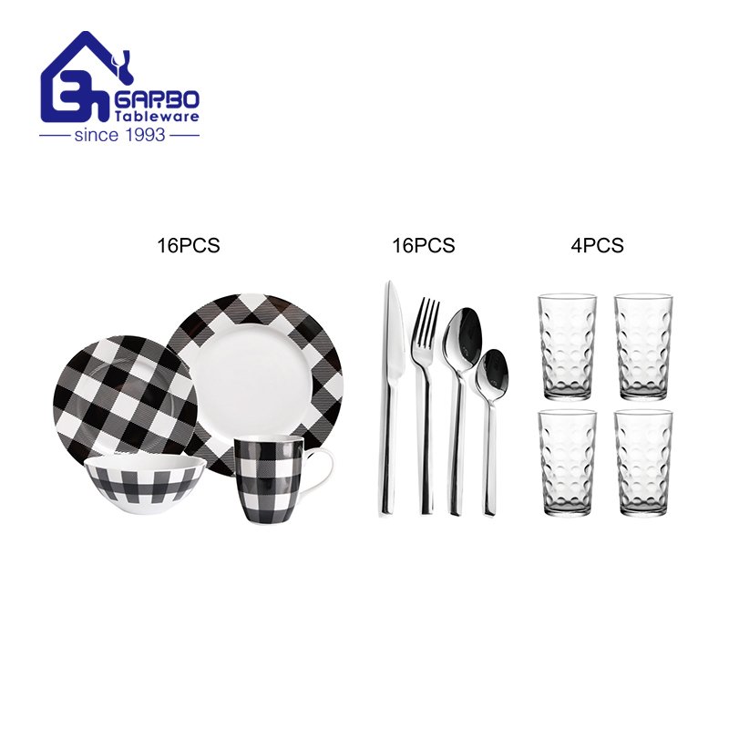 32pcs table dinnerware set ceramic tableware  bowl  food plate water drinking mug and gold  stainless steel cutlery sets