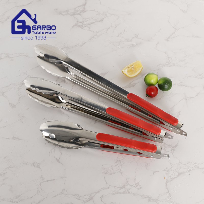 China High Quality 201 Stainless Steel Kitchen Food Tong Sets With Red PP Handle