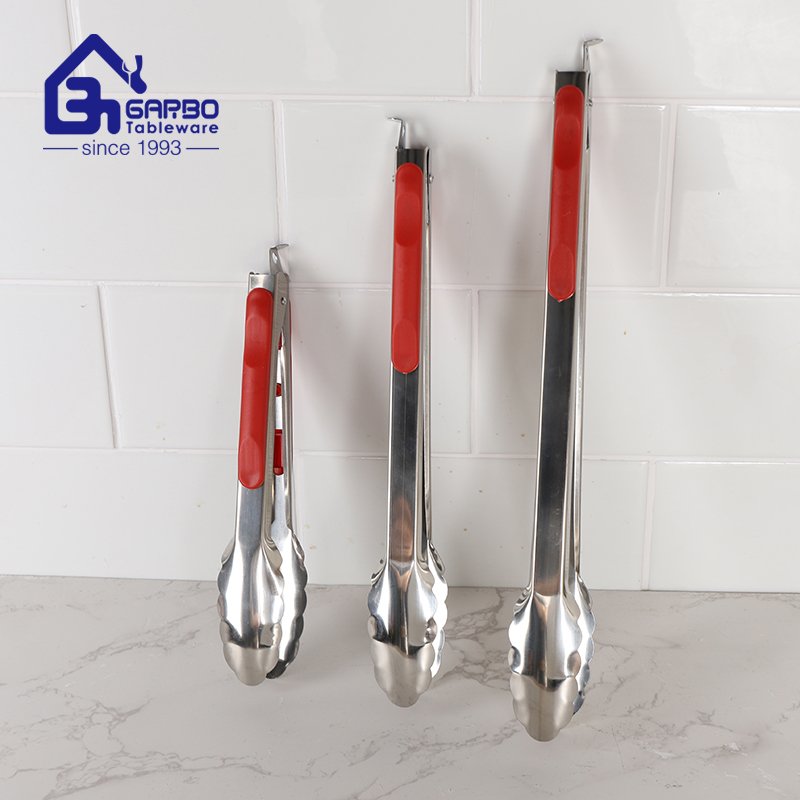 China High Quality 201 Stainless Steel Kitchen Food Tong Sets With Red PP Handle