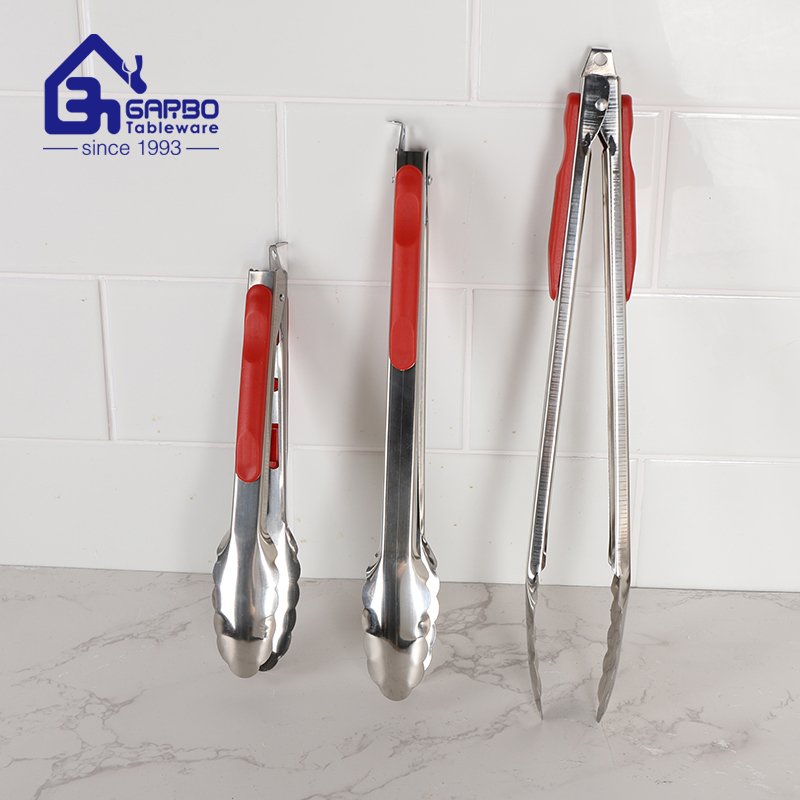 China High Quality 201 Stainless Steel Kitchen Food Tong Sets With Red PP Handle