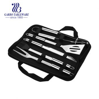 5pcs BBQ Grill Tools Set with Extra Thick Stainless Steel Spatula, Fork, Tongs, Knife & Silicone Brush – Complete Barbecue Accessories Kit with Portable Bag