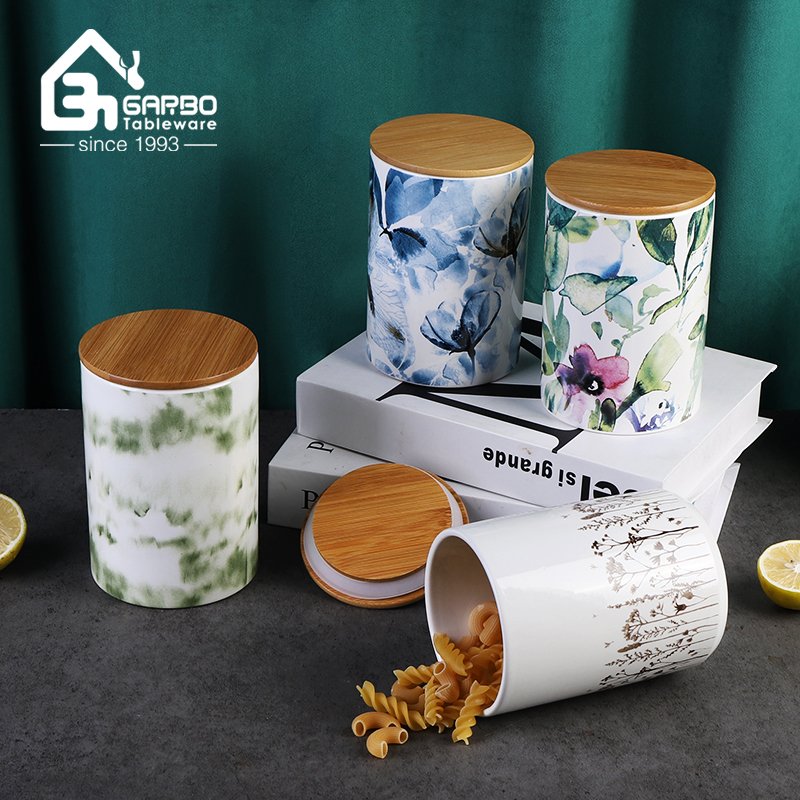 Creative print kitchen food storage jar with sealed bamboo lid silicone highball straight jars