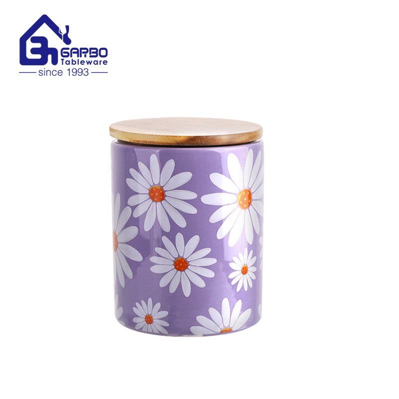 820ml Ceramic Storage Jar with Bamboo Lid and daisy decal