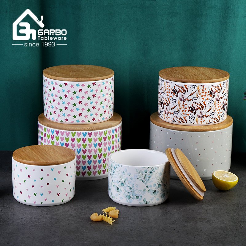 Big volume print ceramic food jar porcelain storage jars kitchenware with bamboo cover silicone kitchen tool set