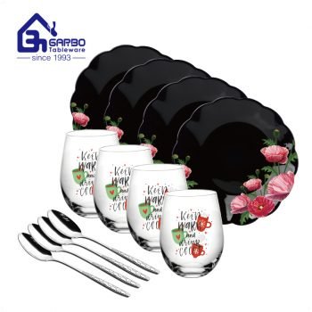 Calcomanía de flores personalizada 12 piezas vajilla juego de cena con plato vaso cuchara