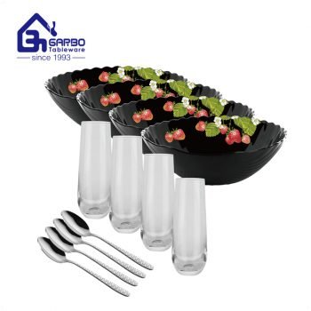 Fancy opal tableware fruit design 12pcs balck dinner bowl with glass tumbler spoon set