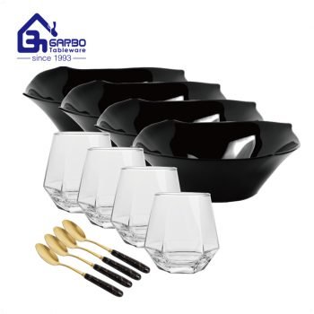Taças e colheres de uso diário para mesa em casa, conjunto de louça de opala preta combinada