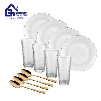 Conjunto de jantar de opala de ouro resistente ao calor com colher de ouro e copos para 4 pessoas