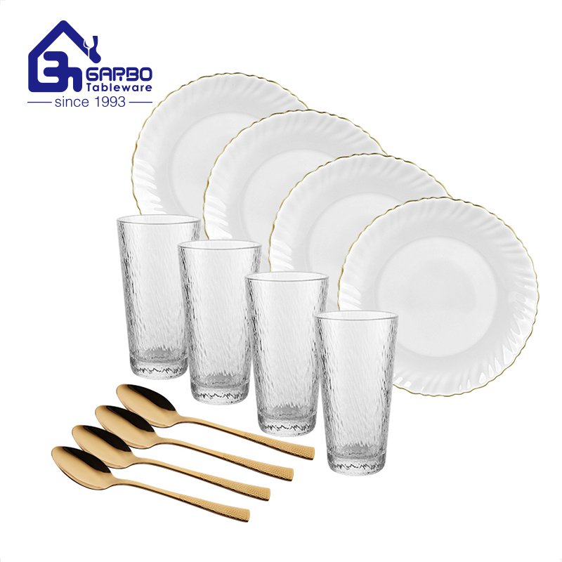 Heat resistant gold rim opal dinner set with gold spoon and tumblers set for 4