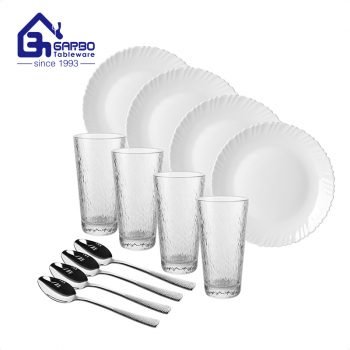 Home table white opal dinner set for 4 with spoons and water glasses