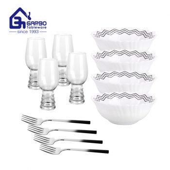 conjunto de copos feitos à mão, tigela de vidro opalino giratória, garfo de jantar, minimalismo