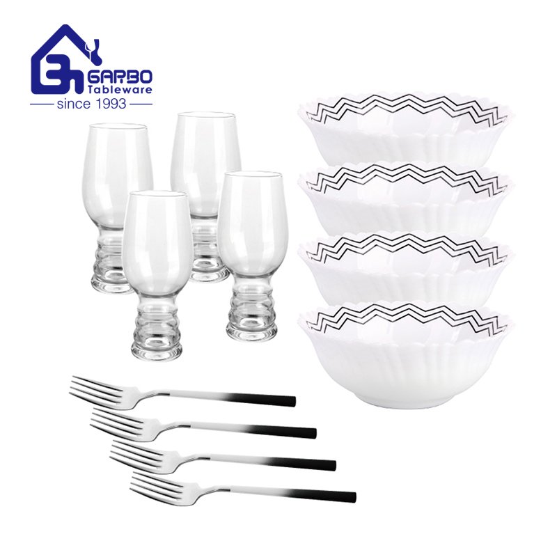 Golden honeycomb pattern 12pcs glasses dinner set with bowl cup and fork