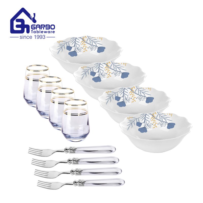 Home table white opal dinner set for 4 with spoons and water glasses