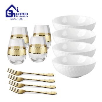 Conjunto de jantar com padrão de favo de mel dourado 12 peças com tigela, copo e garfo