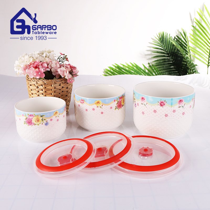 Ceramic food container with lid and silicone hole decal print portable rectangle porcelain lunch box