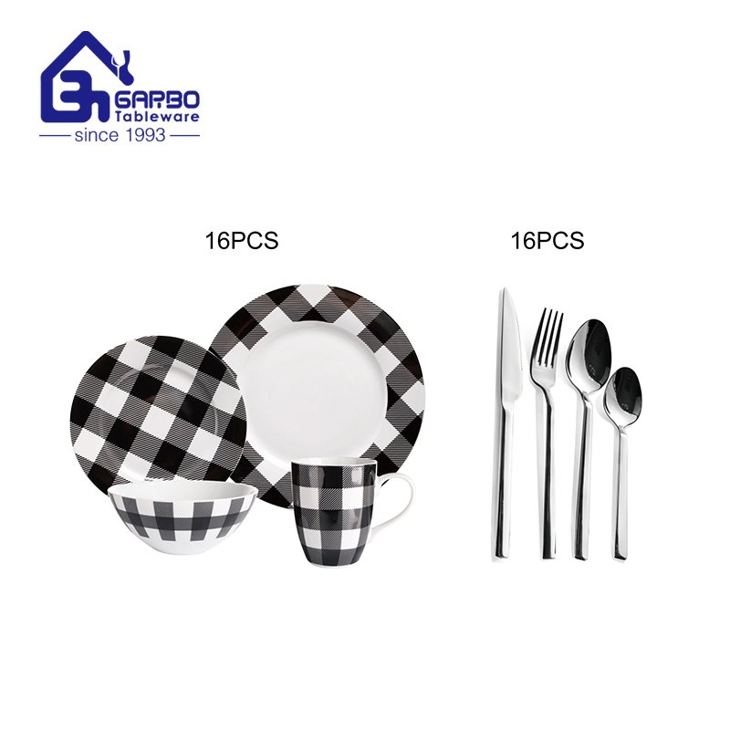 Wholesale black and white style of 32pcs ceramic dinner set with cutlery