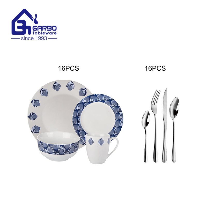 Conjunto de utensílios de cozinha de cerâmica clássica com impressão de decalque redondo completo, talheres de aço inoxidável e copos de vidro