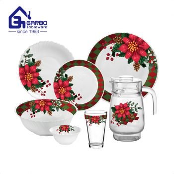 Holiday Christmas dinnerware set for family gathering red dinner set with glass pitcher