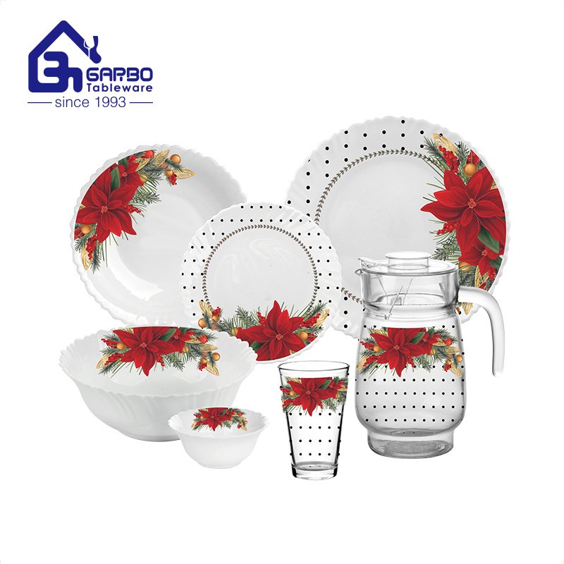 Christmas decorative black opal dinnerware set with water glasses for holiday gathering or gift