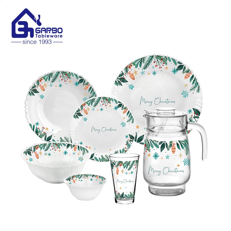 Dishwasher safe white opal dinner set na may mga glass cup at cutlery na kutsara