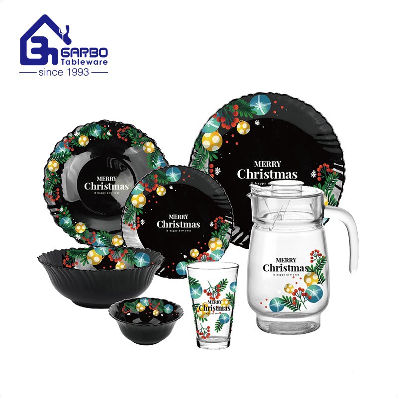 Christmas decorative black opal dinnerware set with water glasses for holiday gathering or gift