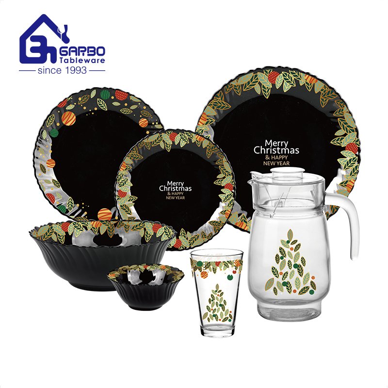 Christmas decorative black opal dinnerware set with water glasses for holiday gathering or gift