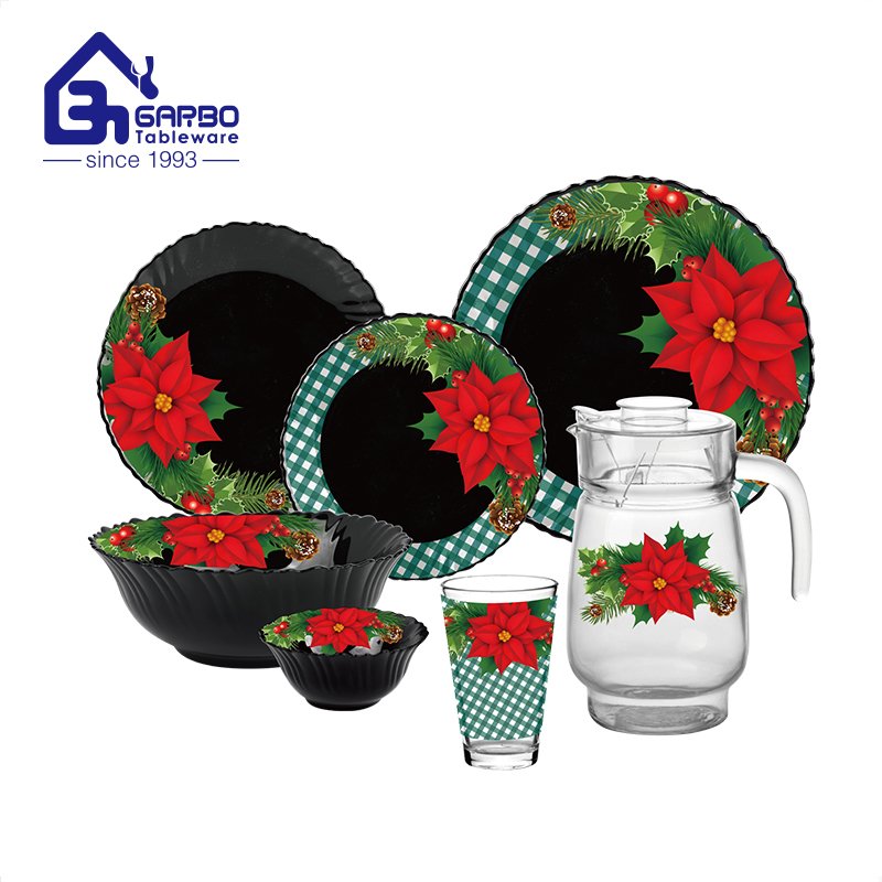 Christmas decorative black opal dinnerware set with water glasses for holiday gathering or gift