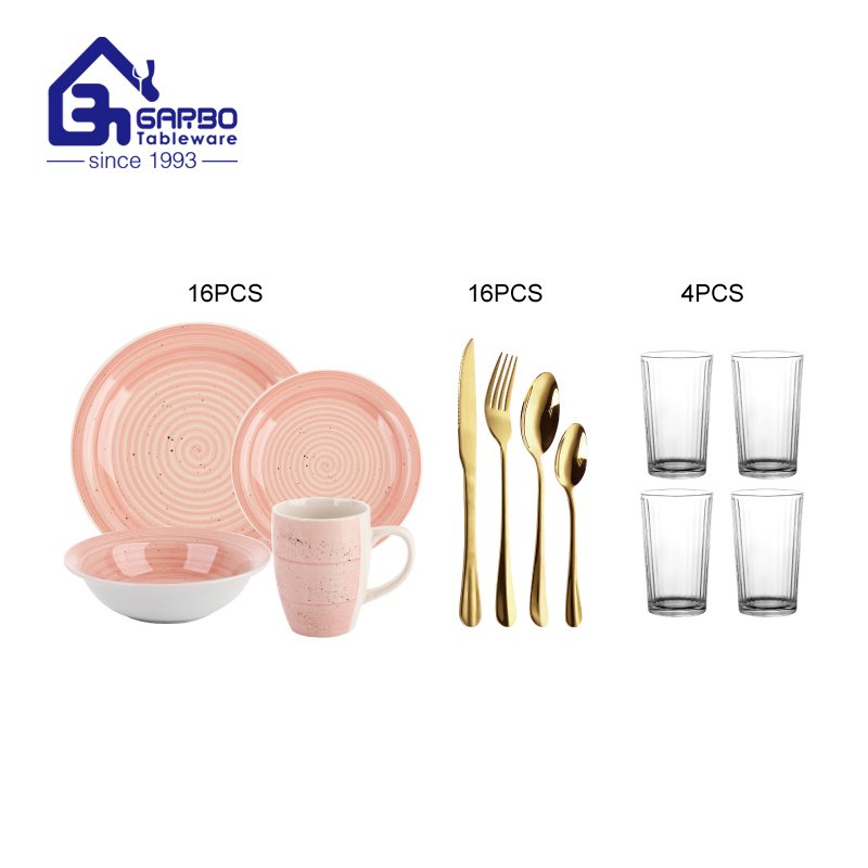 Popular daily use 36pcs dinner set pink ceramic plate bowl mugs stainless steel flatware cutlery with hi ball 12oz glass tumbler