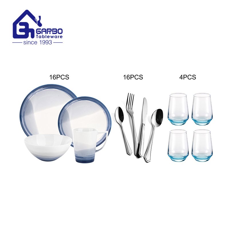 Wholesale 36pcs blue dinner set with glass cups with sprayed bottom