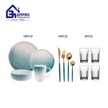 36pcs stoneware and stainless steel cutlery + glass cup dinner set