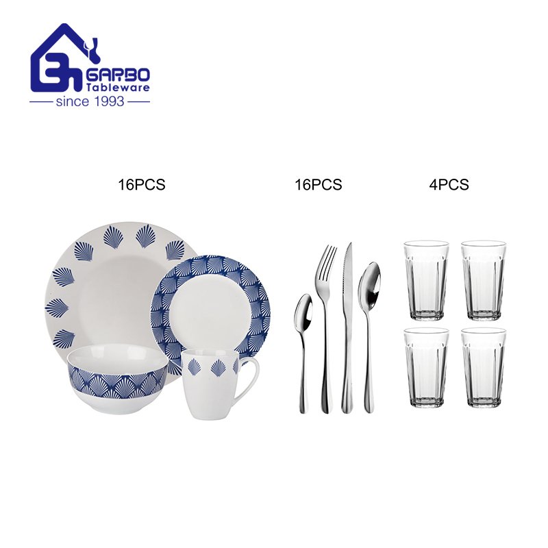 36pcs dinner set with glass cups and cutlery set for family usage