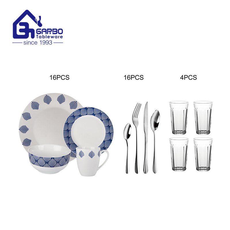 36pcs ceramic kitchen bowl and dish set with stainless steel cutlery family tableware rock  glass drinking cup