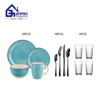 36pcs ceramic kitchen bowl and dish set with stainless steel cutlery family tableware rock  glass drinking cup