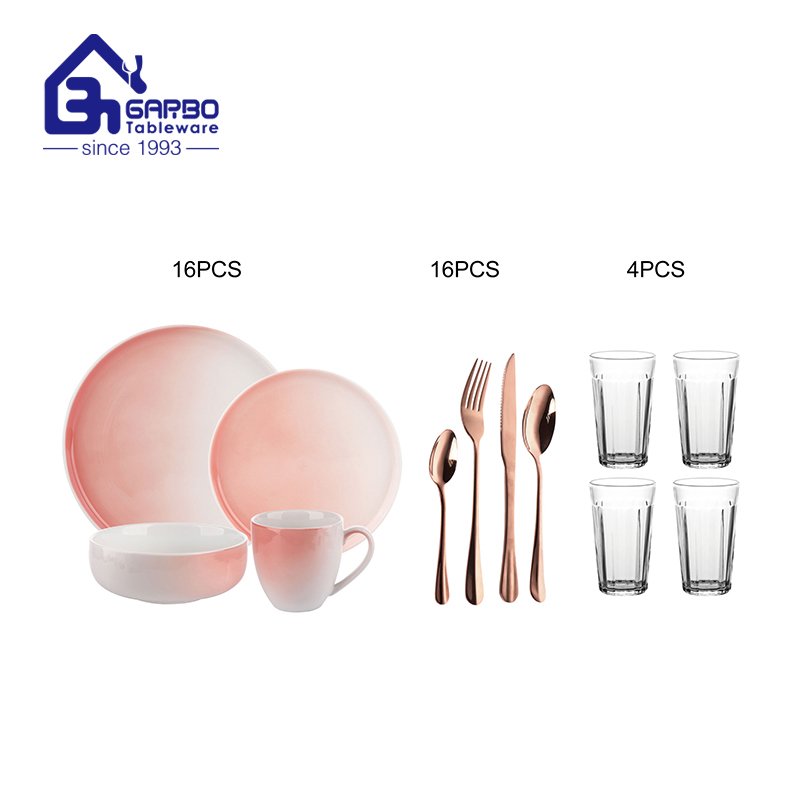 Home Use pink  Dinnerware Combo Set porcelain set with golden rose stainless steel flatware cutlery 36pcs dinnerware set